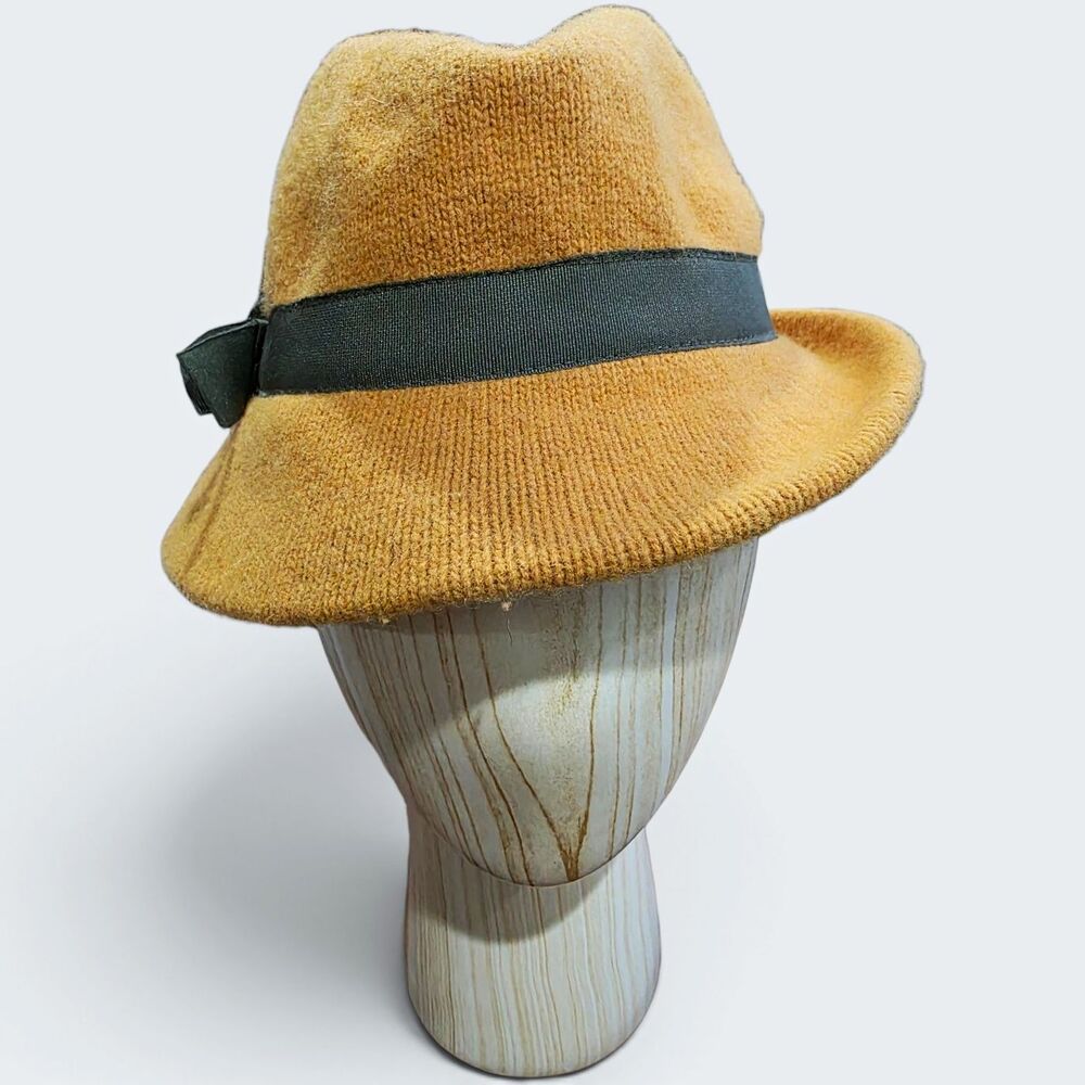 STCN Madrid Mustard Knit Fedora Hat with Green Band Bow Women’s One Size